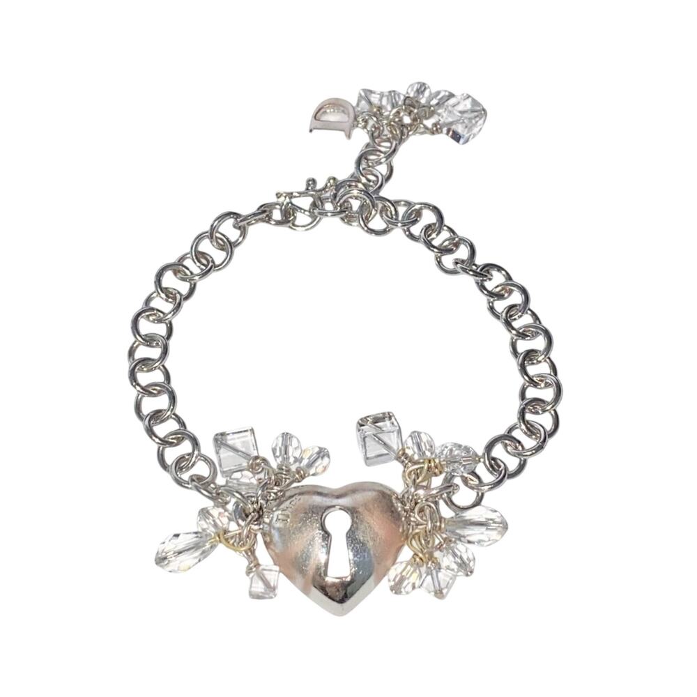 Christian Dior Vintage Silver Chain Link Crystal Bead Heart Lock Charm Bracelet